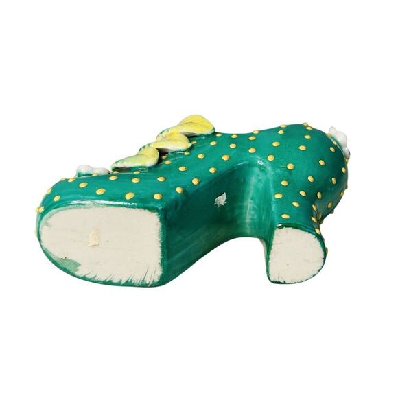 Vintage Hand Painted Shoe High Heel Polka Dots 3D Flowers Leaf Green 4" Japan - Picture 6 of 11